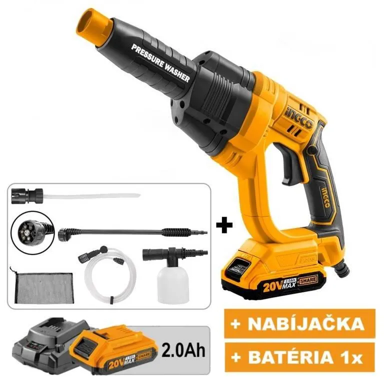 Čistič vysokotlaký AKU CPWLI20082 INGCO 20V KIT P20S