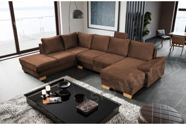 Sedacia súprava Chivas, tvar ľavej U, hnedá látka vo vintage optike kože