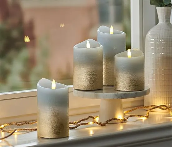 Sviečky z pravého vosku s LED, 4 ks, sivo-zlaté