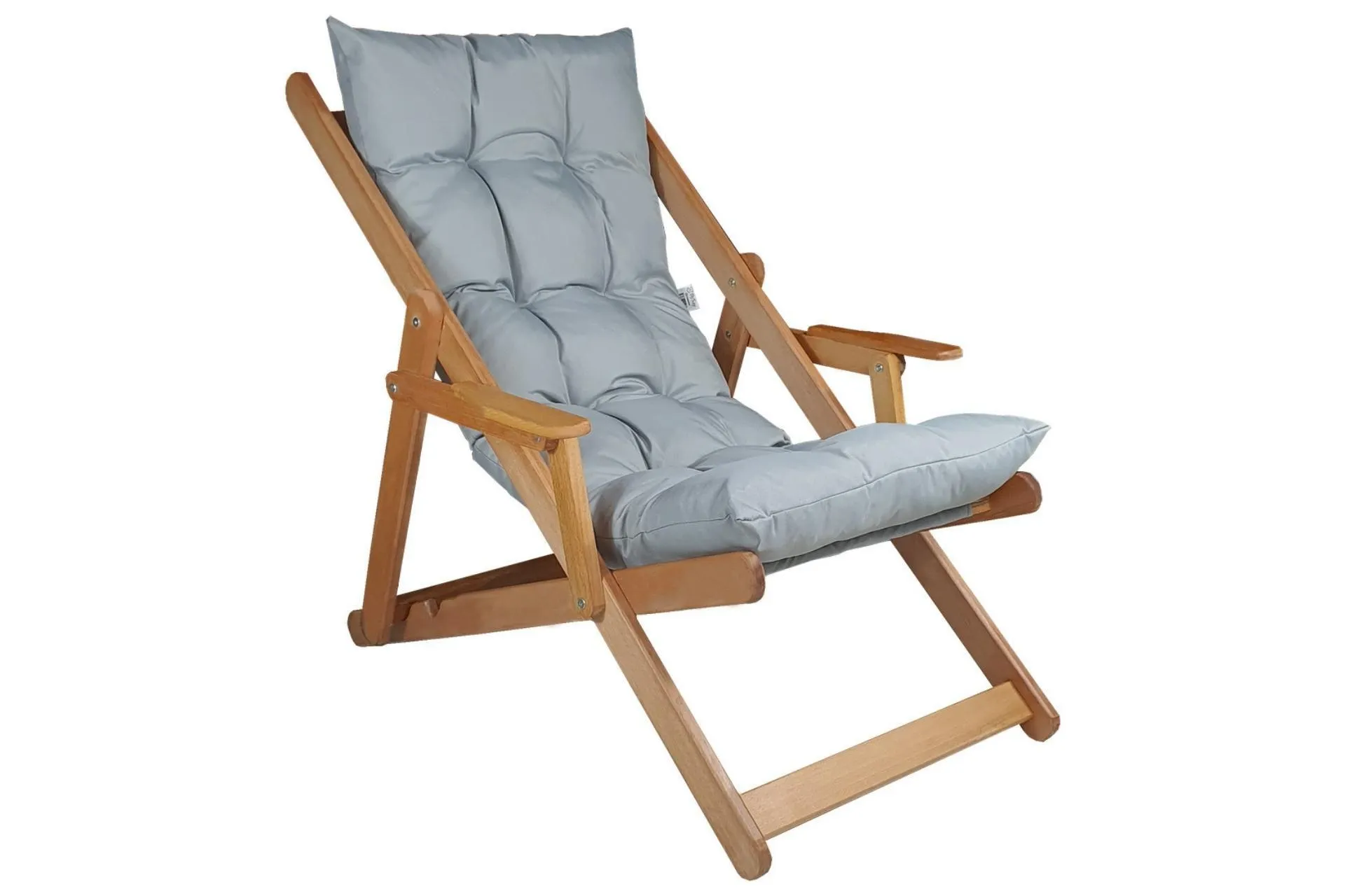 Bysay Ahşap Katlanabilir Taşınır Puf Minderli Kollu Şezlong, Üçlü Set, Gri