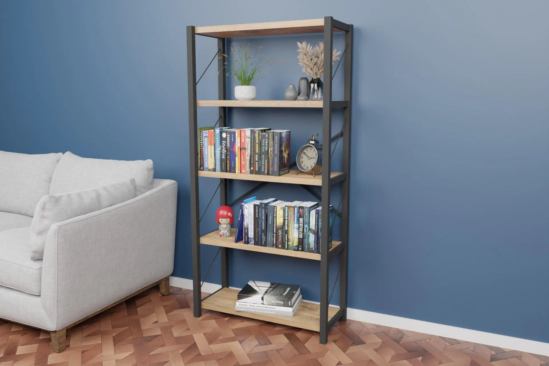 Eru Metal Dekoratif Kitaplık, Atlantik Çam, 5 Raflı