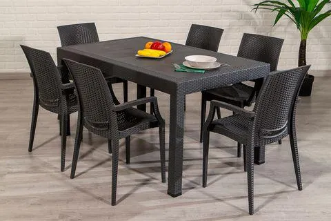 Sandalie Rattan Dikdörtgen Kollu Bahçe Masa Takımı, 6 Kişilik, Antrasit