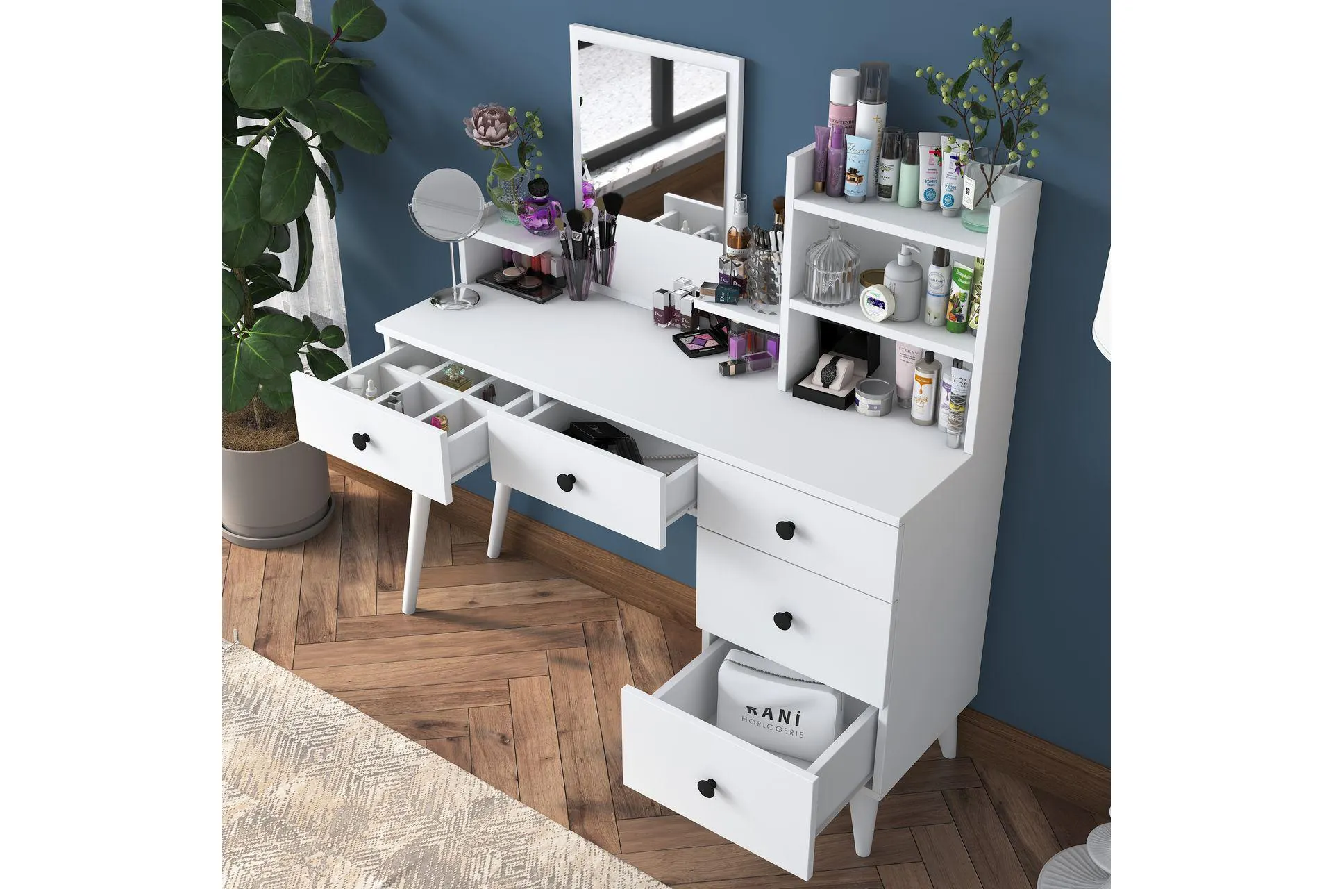 RANİ BJ101 MAKYAJ MASASI, 5 ÇEKMECELİ RAFLI AYNALI, BEYAZ (RN5-671)