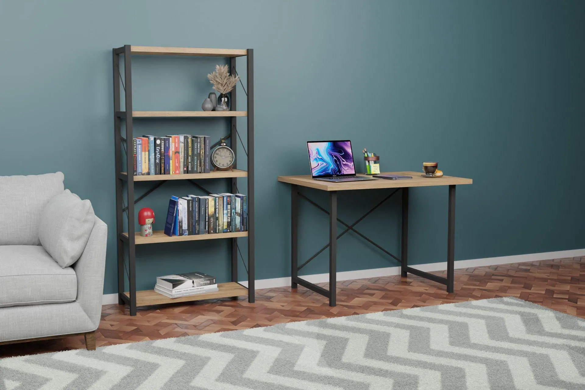 MELKOR METAL 5 RAFLI KİTAPLIK VE 60X90 CM ÇALIŞMA MASASI, ATLANTİK ÇAM (KW6-137)