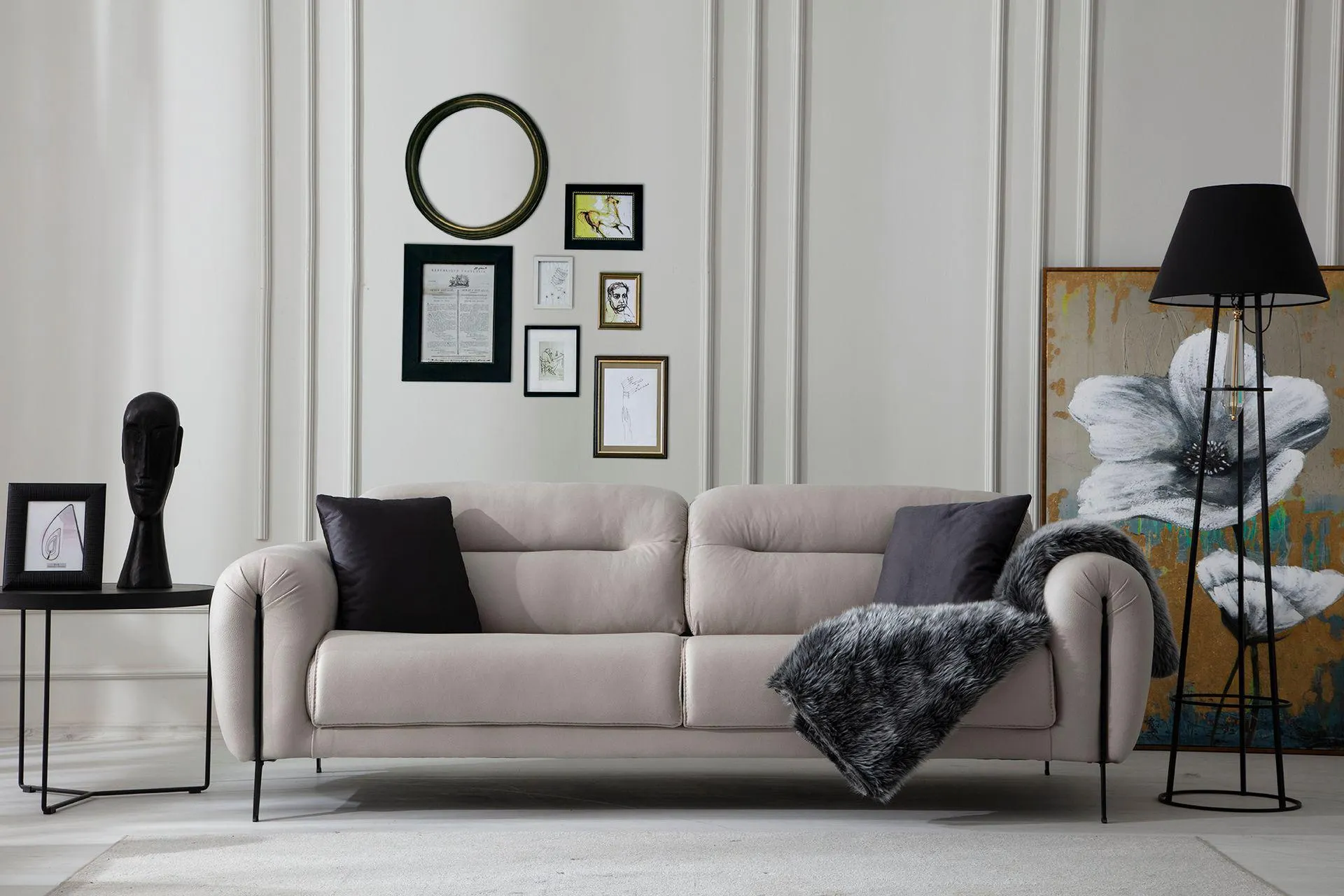 Toledo Üçlü Koltuk, Krem, Nikel Ayak