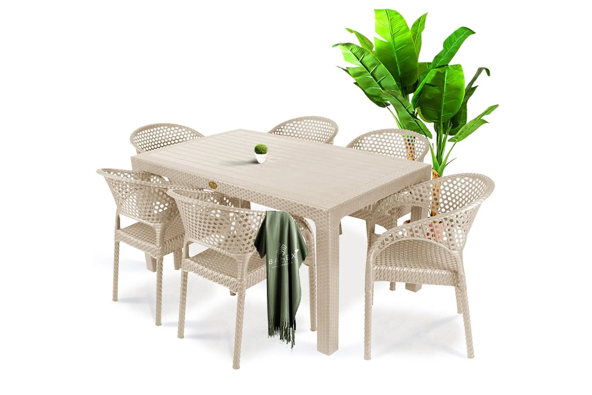 BAHEX DEFNE CAMSIZ ALTILI RATTAN MASA TAKIMI, 90X150CM, KREM (BH2-160)