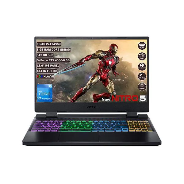 Nitro 5 NH.QLZEY.007 Intel Core i5 12450H 15.6" 8 GB RAM 512 GB SSD RTX 4050 FHD 144 Hz IPS FreeDOS Laptop
