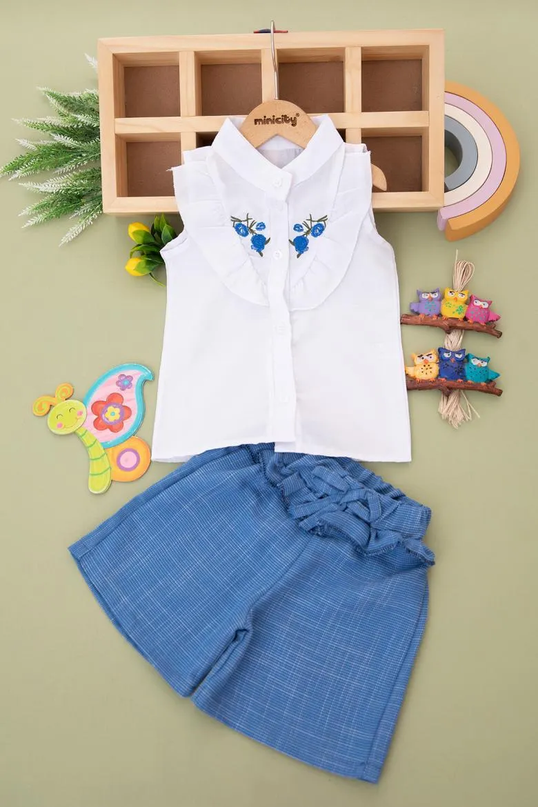 Kız Çocuk Robası Fırfırlı Nakışlı Gömlek Şort Takım (3-10 Yaş)