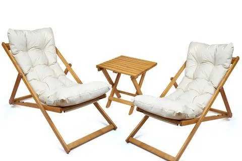 HASTUNÇ MİNDERLİ AHŞAP ŞEZLONG KOLTUK SETİ BAHÇE BALKON TERAS PLAJ KATLANIR İKİLİ SET (HC6-177)