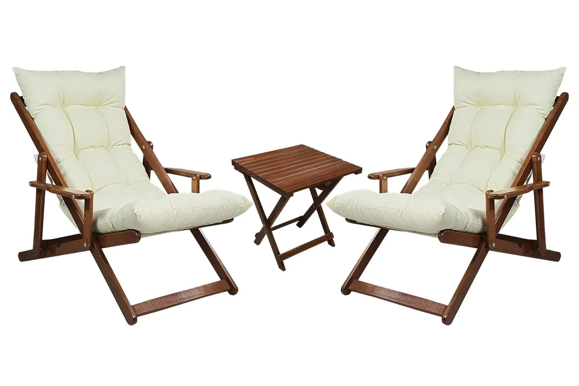 BYSAY AHŞAP KATLANABİLİR MİNDERLİ KOLLU BAHÇE BALKON ŞEZLONG, ÜÇLÜ SET, CEVİZ KREM (SY4-626)