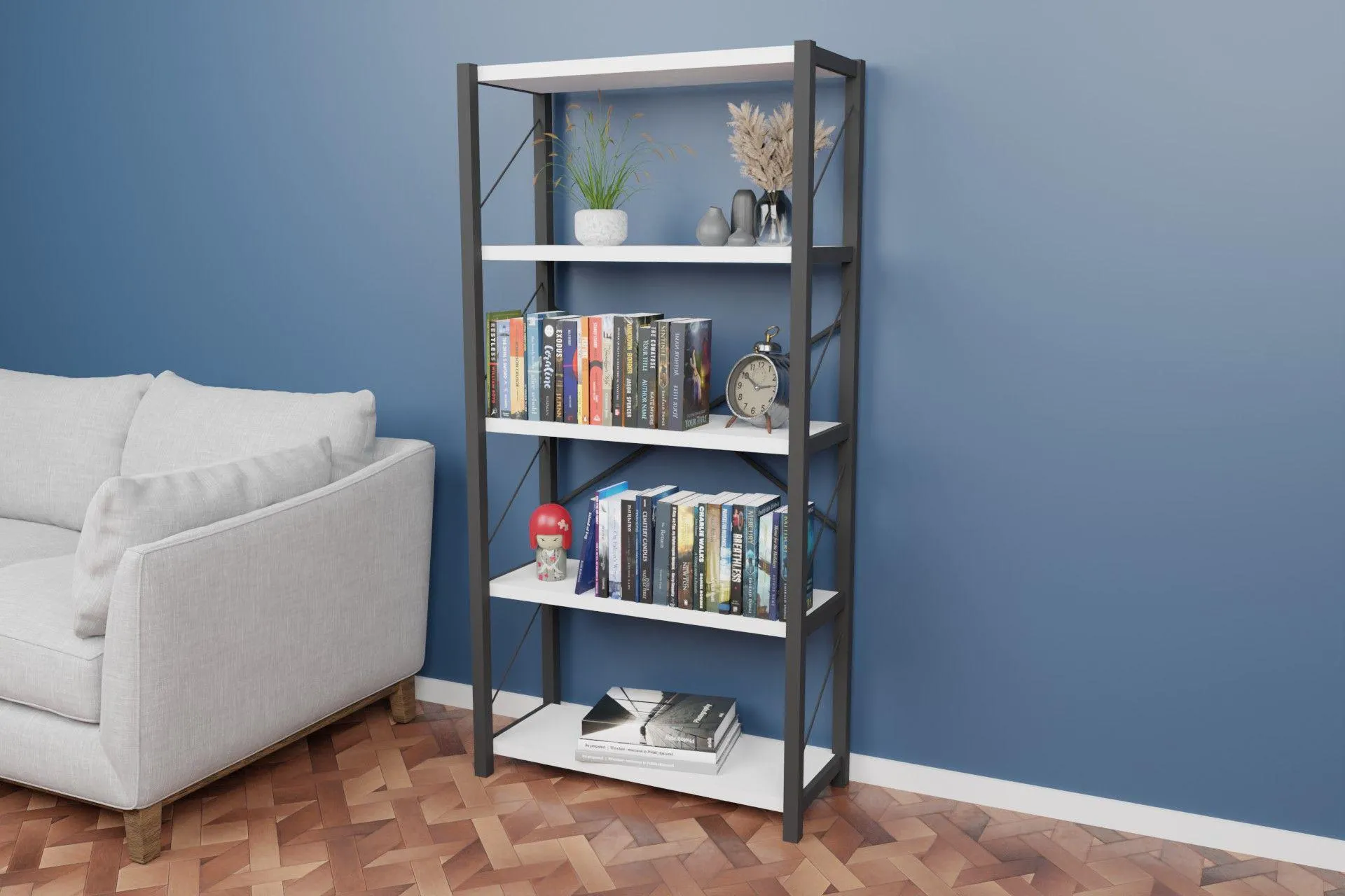 Eru Metal Dekoratif Kitaplık, Beyaz, 5 Raflı