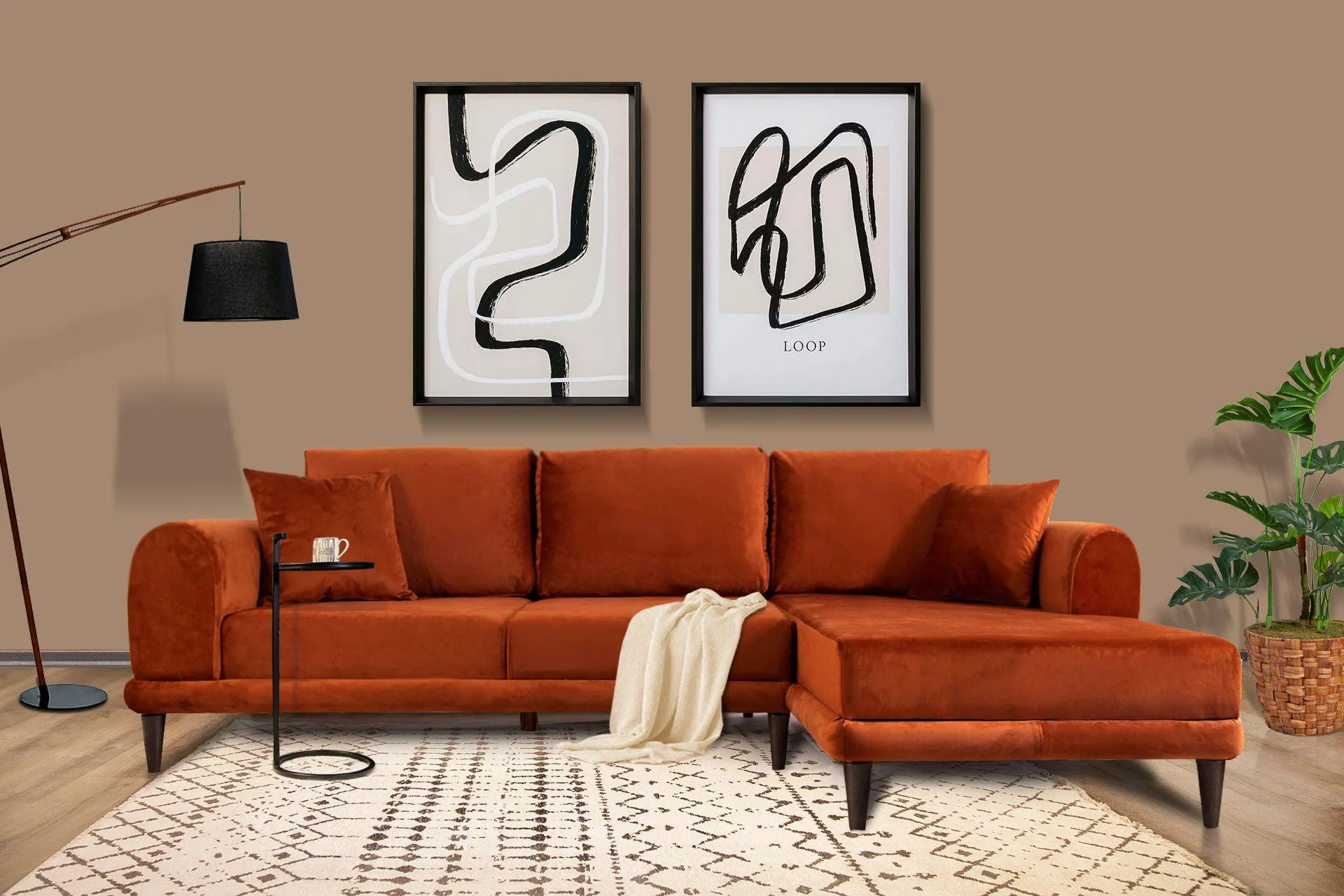 Nero Kadife Köşe Koltuk, Kiremit, 250X160, Sağ Köşe