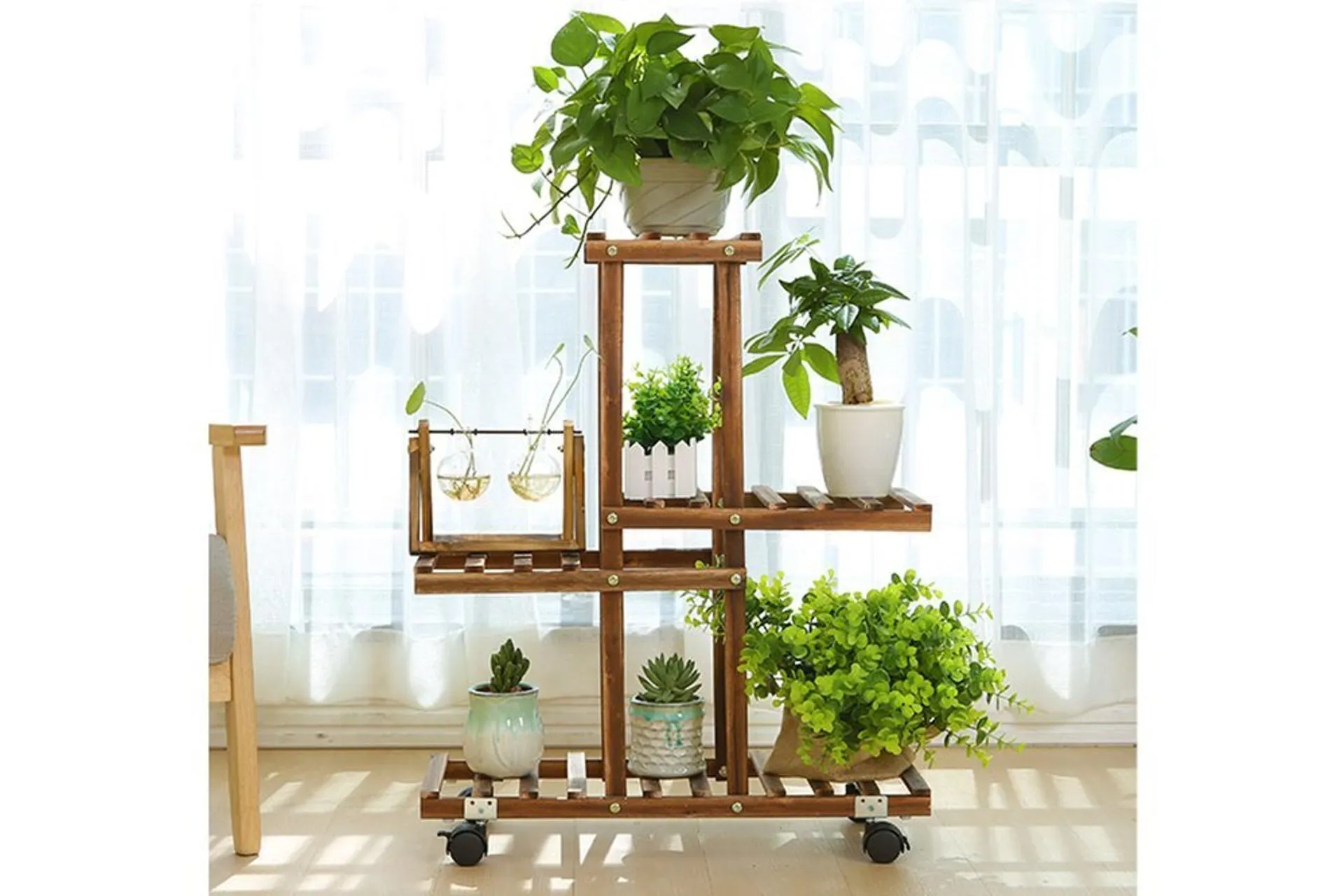 AHŞAP DEKORATİF TEKERLEKLİ ÇİÇEK STANDI, 4 KATLI, CEVİZ (NR4-115)