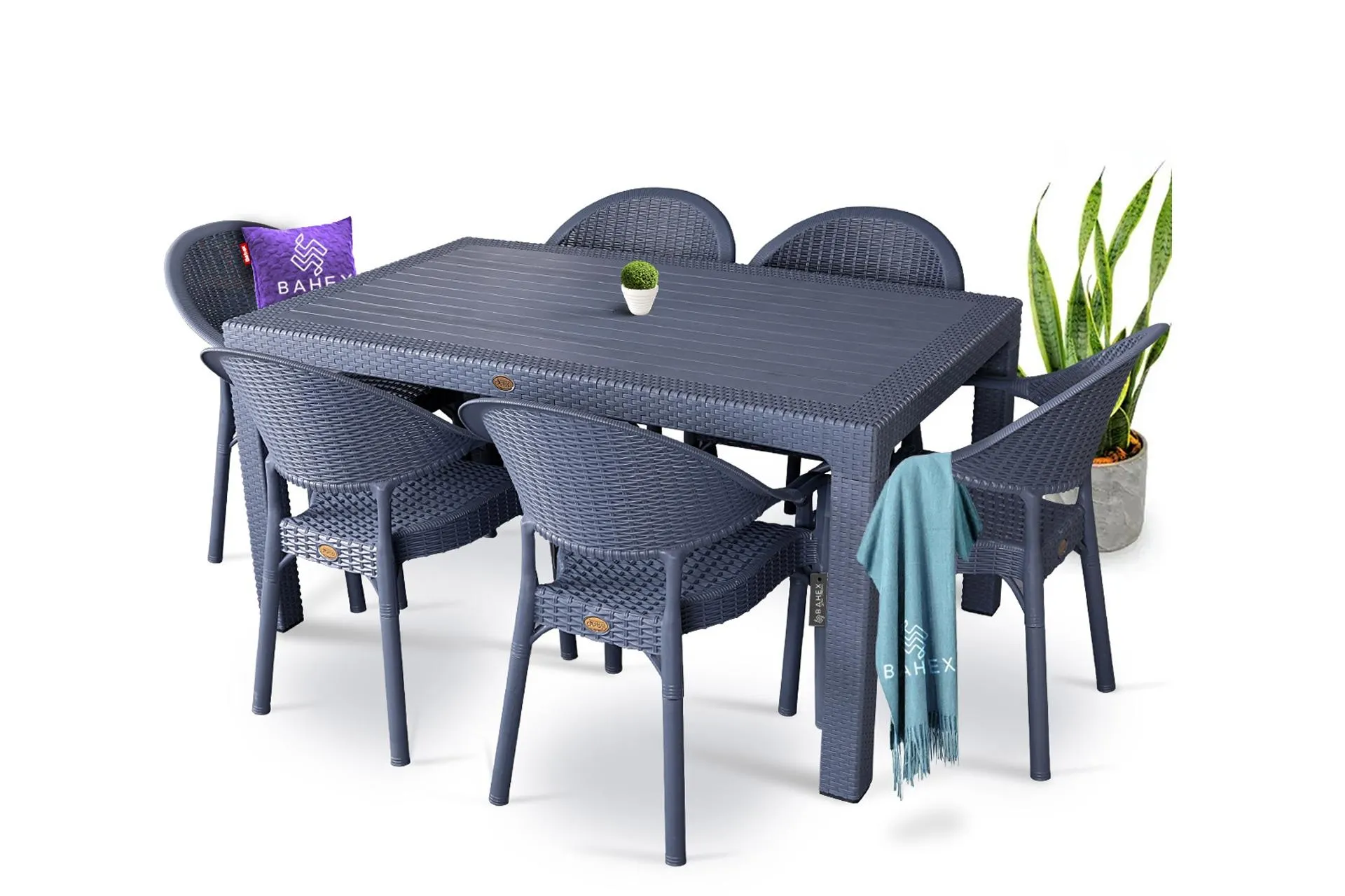 BAHEX BAMBU PRO CAMSIZ RATTAN ALTILI MASA TAKIMI, 90X150CM, ANTRASİT (BH2-177)