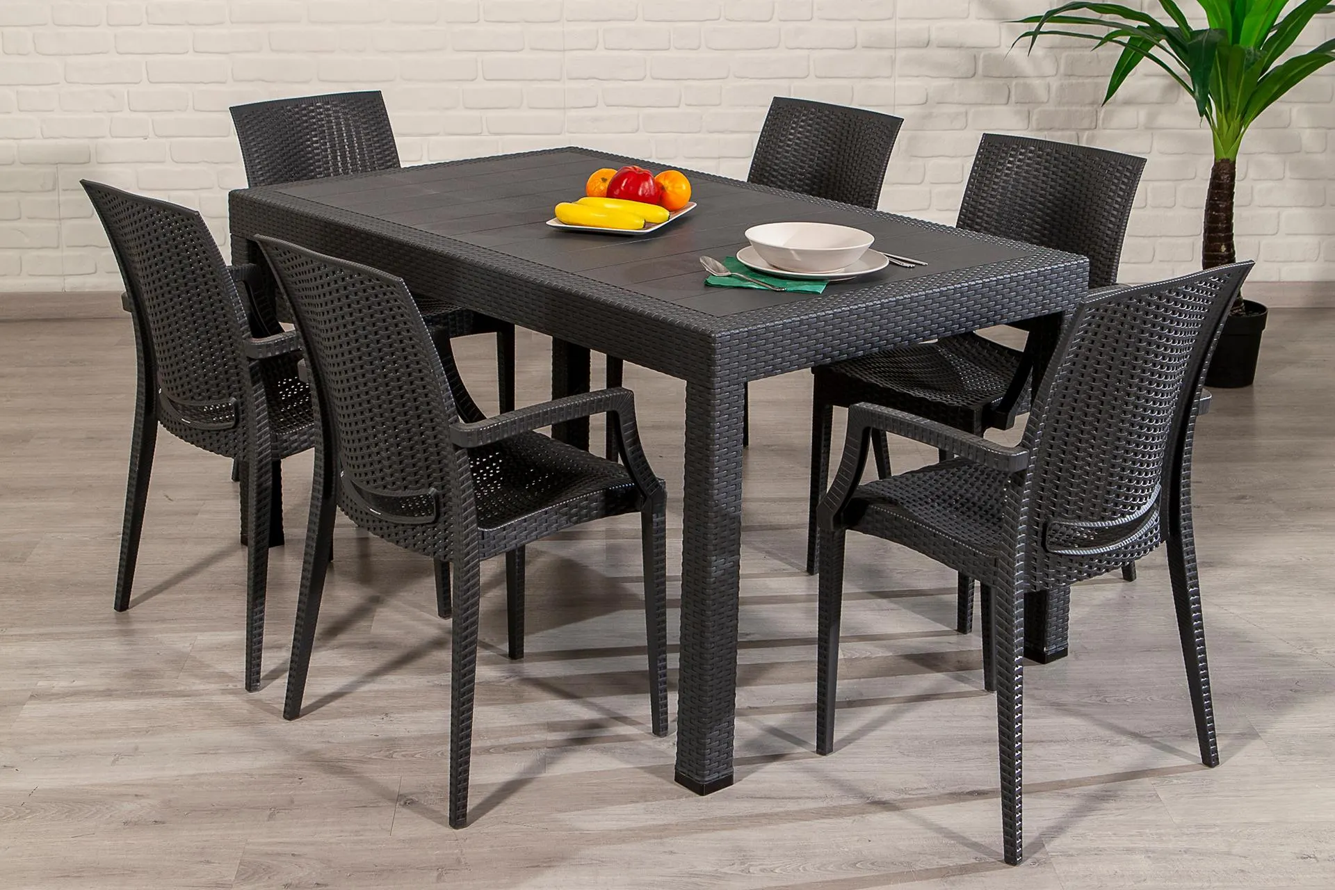 SANDALİE RATTAN DİKDÖRTGEN KOLLU BAHÇE MASA TAKIMI, 6 KİŞİLİK, ANTRASİT (MO2-183)