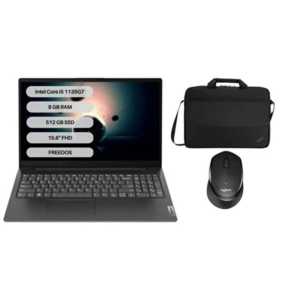 V15 82KB00CATX G2 ITL Intel Core i5-1135G7 15.6" 8 GB RAM 512 GB SSD FHD FreeDOS Laptop + Logitech Mouse + Çanta