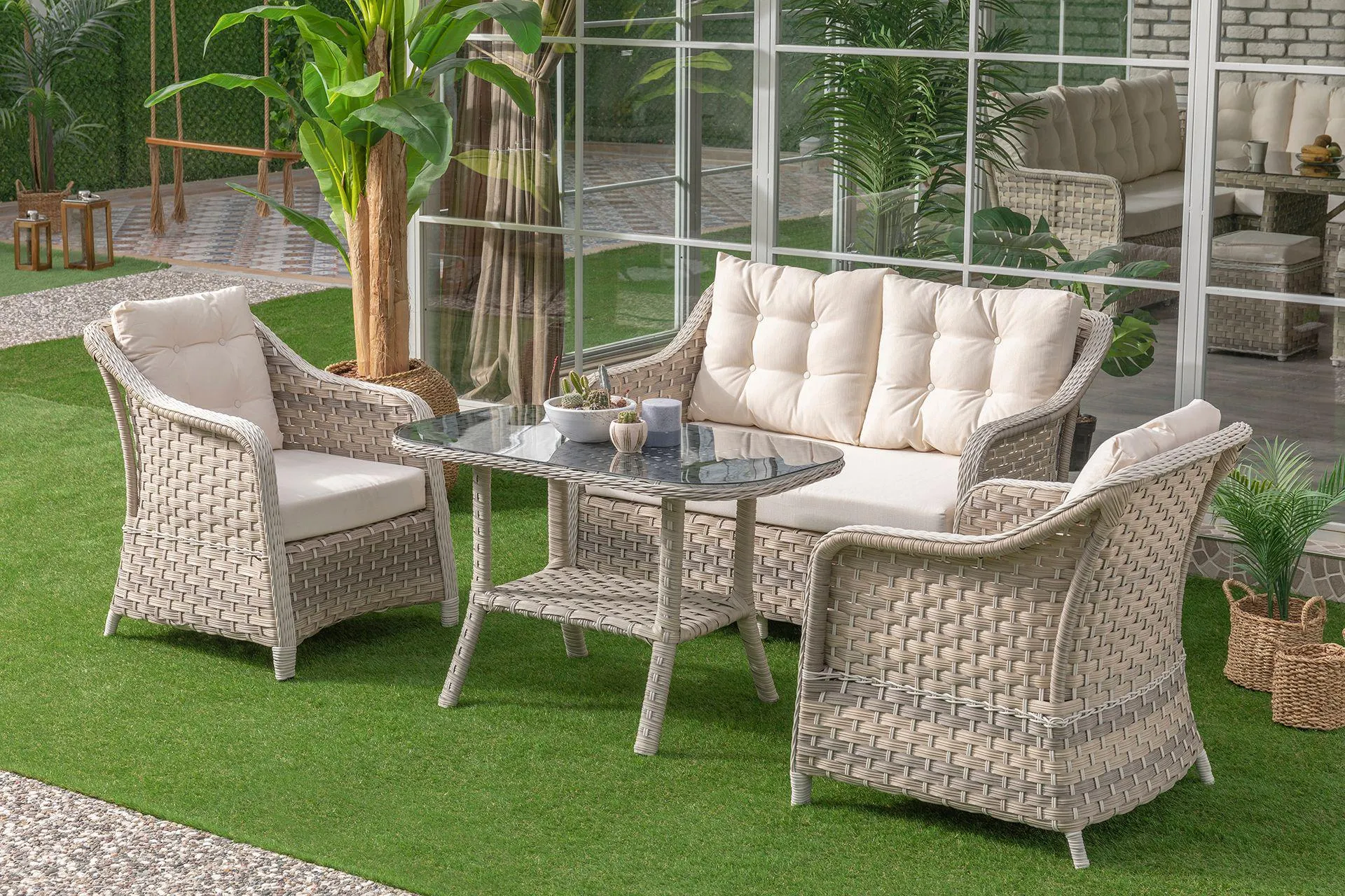 BAHÇEMO FLORA İKİLİ BAHÇE BALKON TAKIMI, KREM (KI6-166)