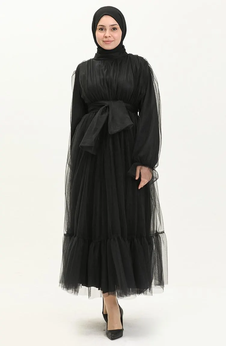 Shirred Skirt Tulle Evening Dress 2456-01 Black 2456-01