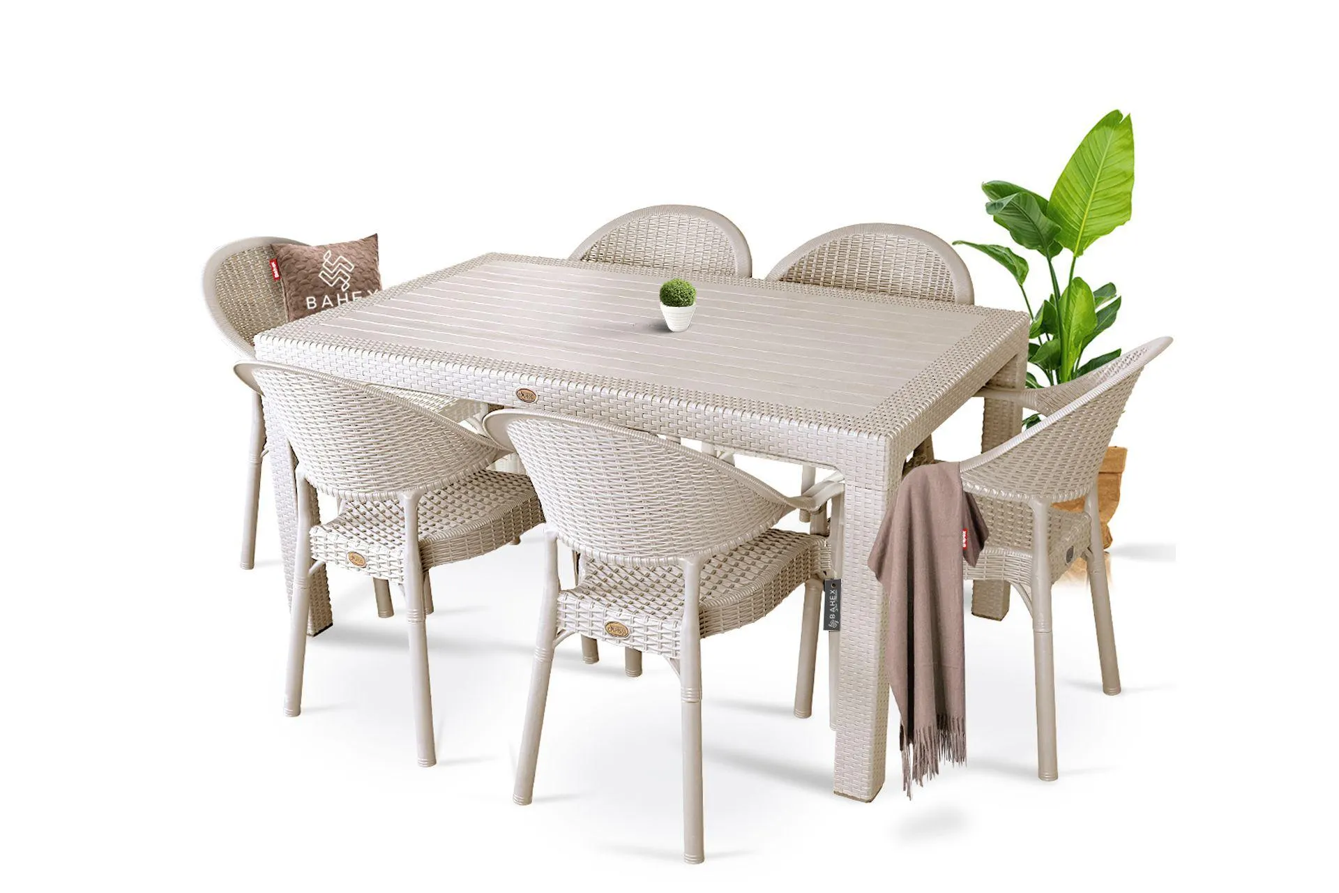 BAHEX BAMBU PRO CAMSIZ RATTAN ALTILI MASA TAKIMI, 90X150CM, CAPPUCCİNO (BH2-176)