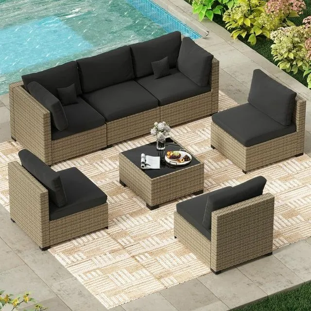 Bifanuo 7-Piece Outdoor Patio Furniture Set, All-Weather PE Rattan Sectional Sofa with Cushions and Coffee Table(YE-BK)