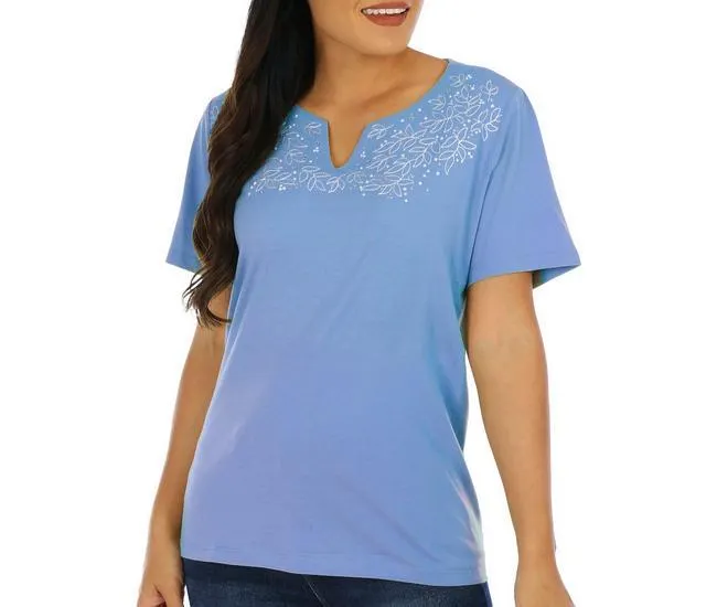 Womens Floral Embellished Notched Neckline Tee