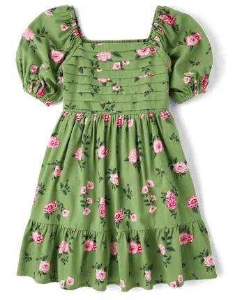 Girls Floral Pleated Ruffle Dress - lt cactus
