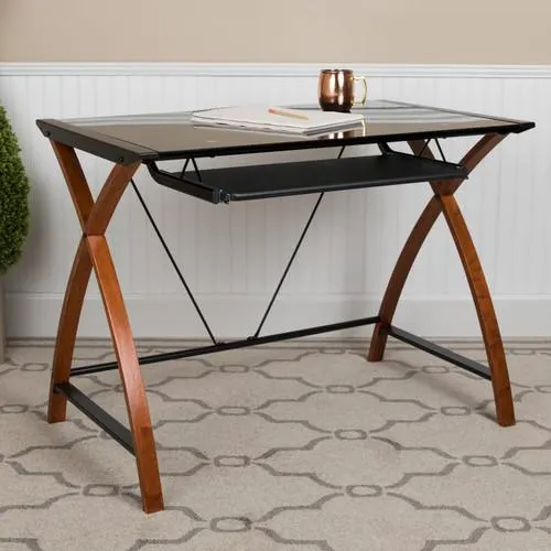 Escritorio de computadora de vidrio negro con bandeja de teclado extraíble y marco entrecruzado