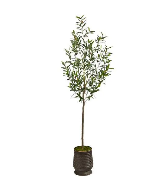 Nearly Natural 75" Olive Artificial Tree in Ribbed Metal Planter