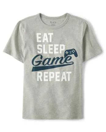 Boys Eat Sleep Game Repeat Graphic Tee - h/t grey