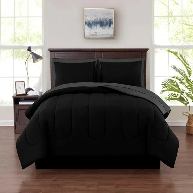 Mainstays 7 Piece Reversible Bed in a Bag Comforter Set with Sheets, Black, Queen