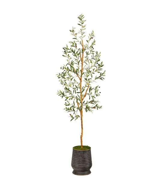 Nearly Natural 74" Olive Artificial Tree in Ribbed Metal Planter