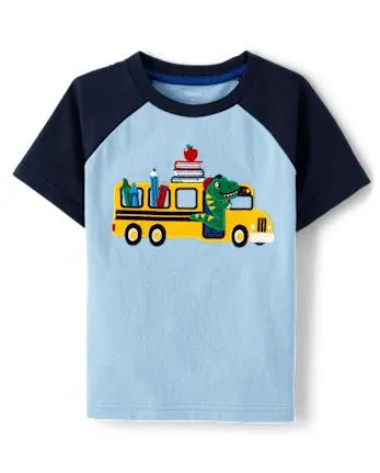 Boys Embroidered Dino School Bus Raglan Top - Classroom Cutie - daybreak