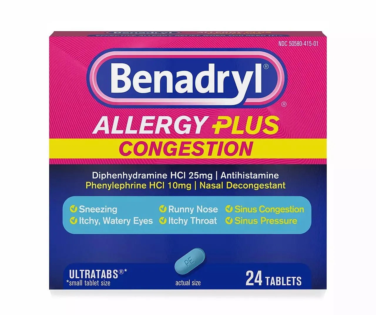 Benadryl Allergy Plus Congestion Ultratabs, Allergy Medicine with Diphenhydramine HCl Antihistamine & Phenylephrine HCl Nasal Decongestant, Allergy & Sinus Congestion Relief Tablets, 24 ct