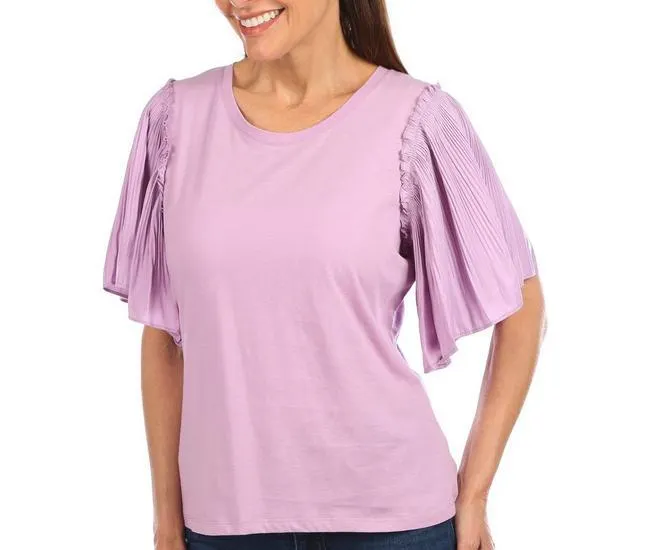 Womens Solid Fancy Flutter Sleeve Top