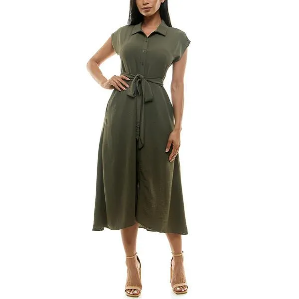 Womens Nina Leonard Short Sleeve Textured Wave Shirtdress Midi