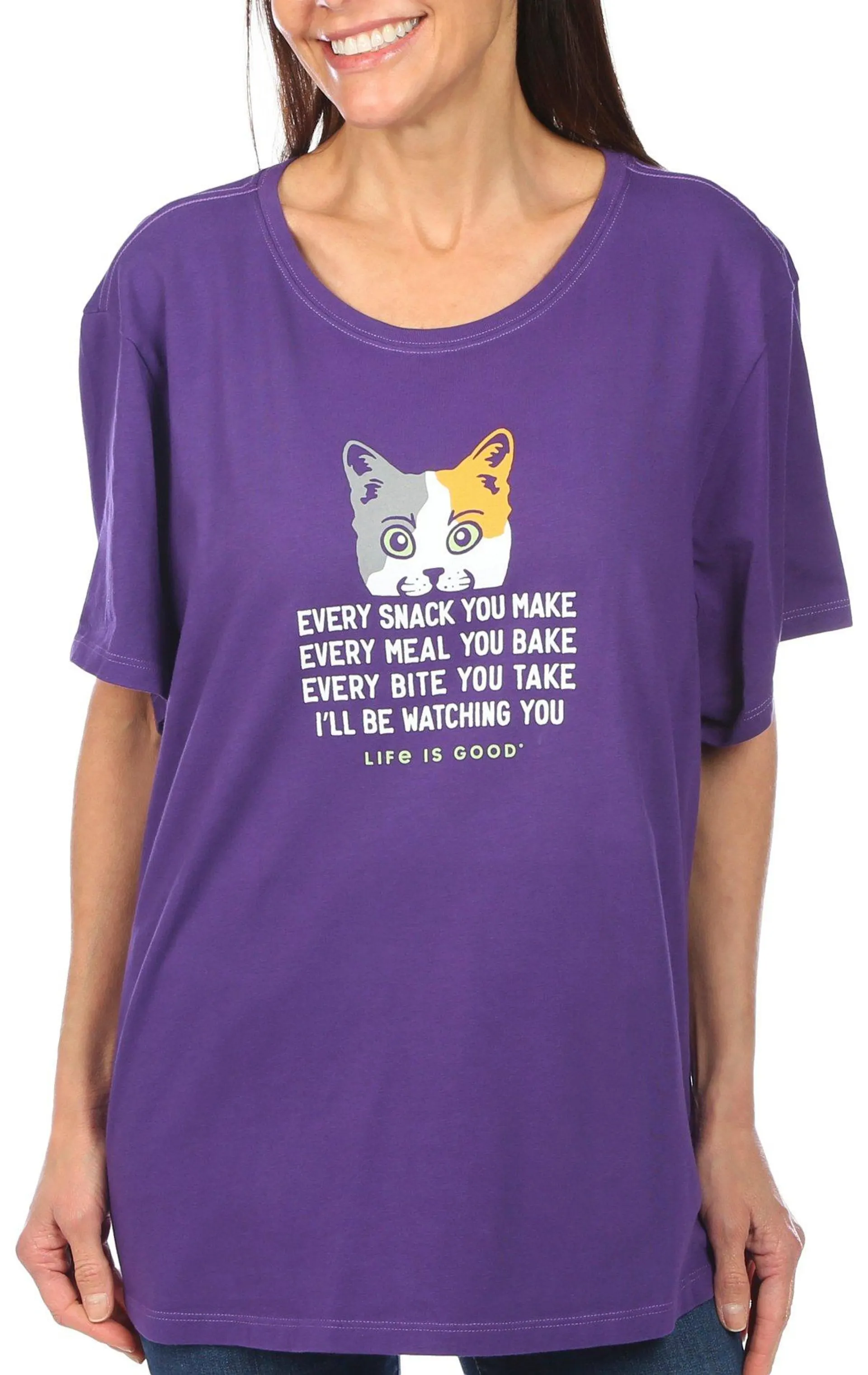 Life Is Good Womens Cat Print Round Neck Short Sleeve Tee