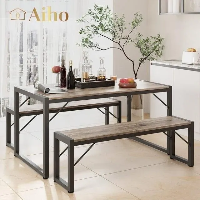 Aiho 45.5" Dining Table Set for 4, Kitchen Table with 2 Benches, Wood Dining Room Dinette Sets with Metal Frame for Breakfast Nook and Small Space - Gray