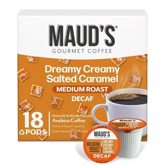 Maud's Decaf Salted Caramel Flavored Coffee Pods, 18 ct, Decaffeinated Medium Roast Flavored Coffee in Recyclable Single Serve Pods – 100% Arabica Beans, Compatible with Keurig K Cups Maker