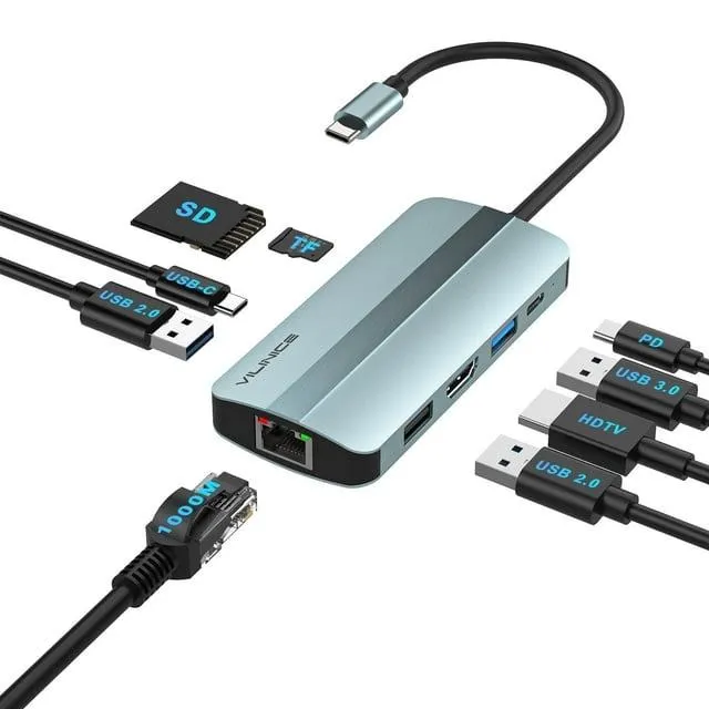 VILINICE Docking Station, 9-in-1 USB-C Hub for Laptop,1080P HDTV,3.0 USB Ports, 87W PD Charging,up to 100Mbps Ethernet, SD/TF Card Reader