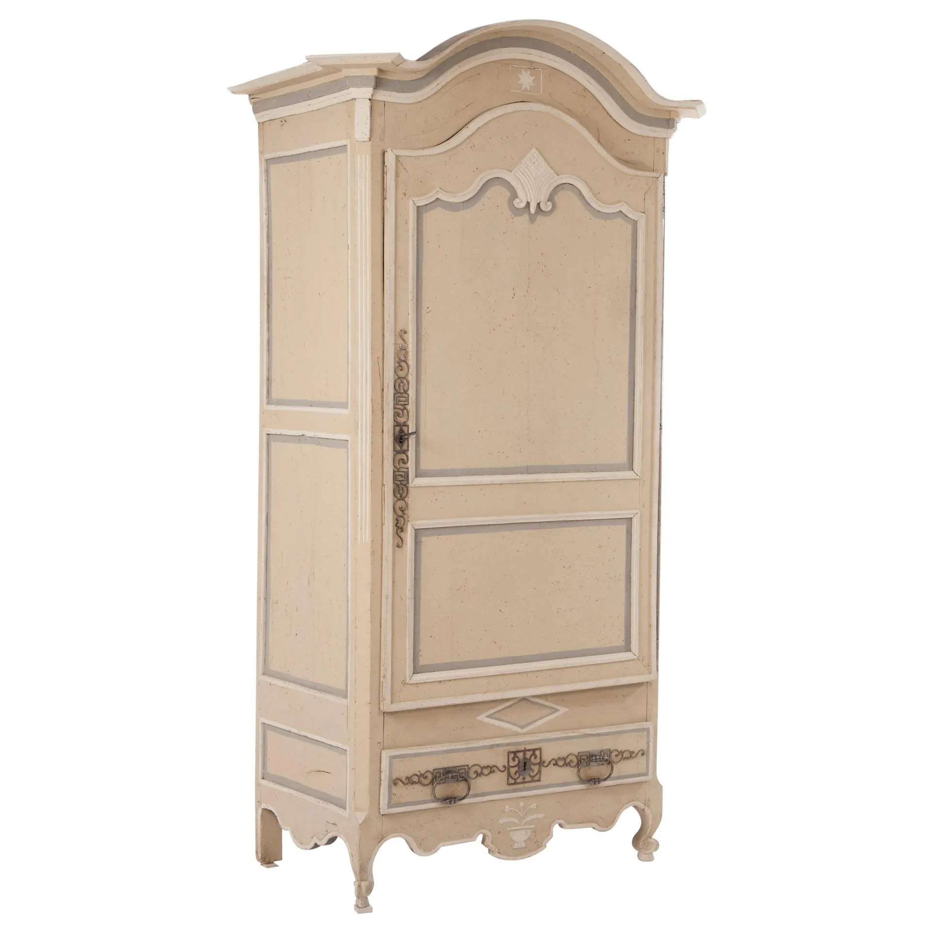 Armario pintado provenzal del siglo XVIII en amarillo, gris y blanco roto