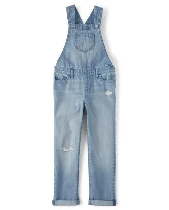Girls Roll Cuff Denim Overalls - lea wash