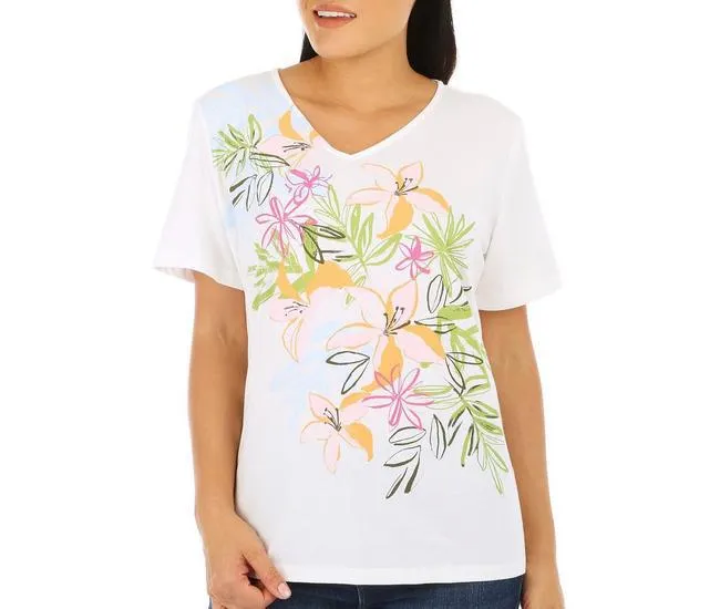 Womens Flower Garden V-Neck Short Sleeve Top