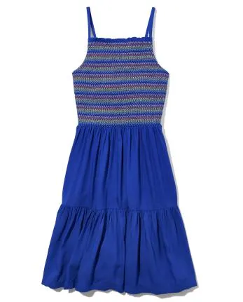 Tween Girls Rainbow Smocked Tiered Dress - cool cobalt