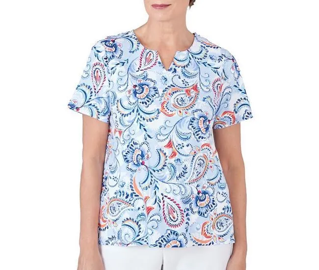 Womens Split-Notch Neck Short Sleeve Top