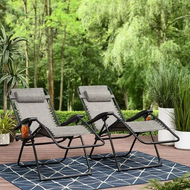 Mainstays Reclining Zero-Gravity Sling Outdoor Chair with Cup Holders, 2 Pack-Gray