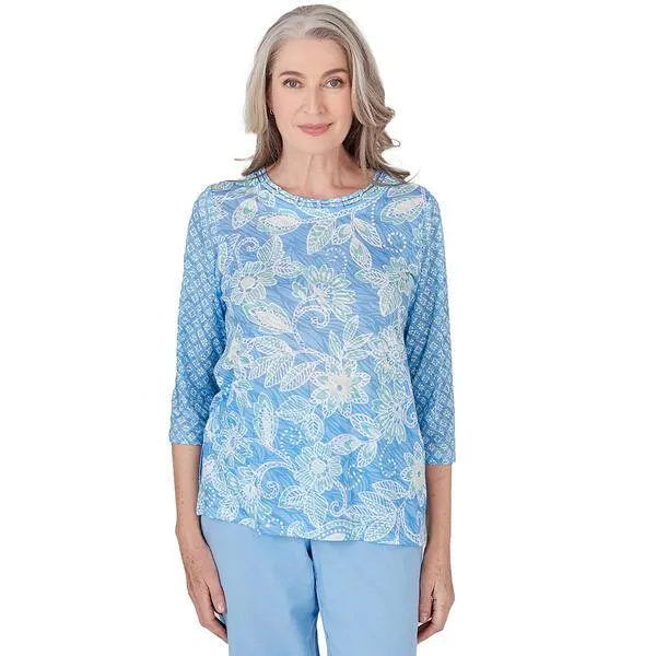 Womens Alfred Dunner Hyannisport Contrast Sleeve Batik Floral Tee