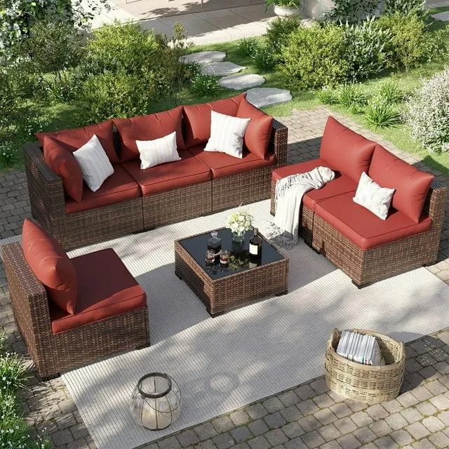 ELPOSUN 7 Pieces Patio Furniture Set All Weather Outdoor Sectional Sofa, Outdoor Modern Sectional Furniture Wicker Couch with Glass Coffee Table, Thicken Red Anti-Slip Cushions, Waterproof
