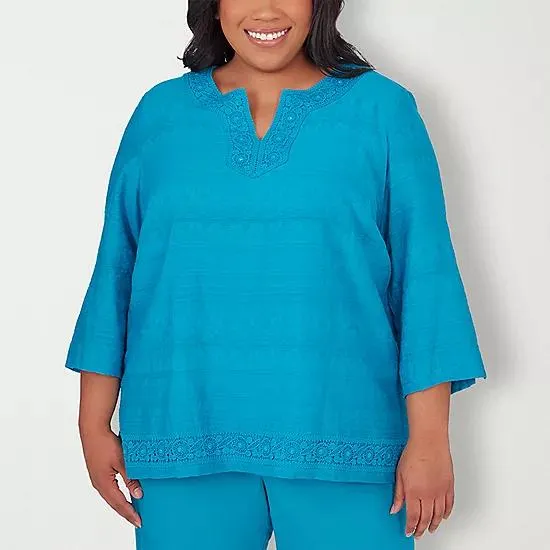 Alfred Dunner Plus Tradewinds Womens Split Crew Neck 3/4 Sleeve Blouse