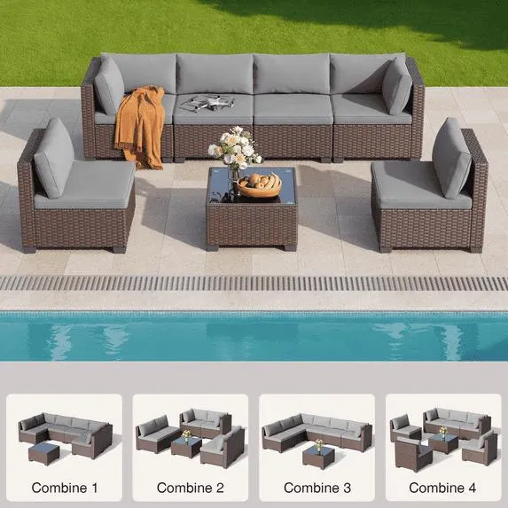 Patio Furniture Set, Lofka 7-Piece Outdoor Sectional Sofa with Tempered Glass Table for Backyard & Porch, Wicker | Metal | Gray
