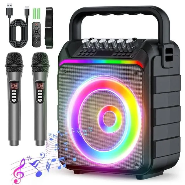 Karaoke Machine for Adults Kids - Portable Wireless Bluetooth Speaker with 2 Wireless Microphones, Supports for TWS, USB, FM, AUX in, TF Card, for Party, Meeting